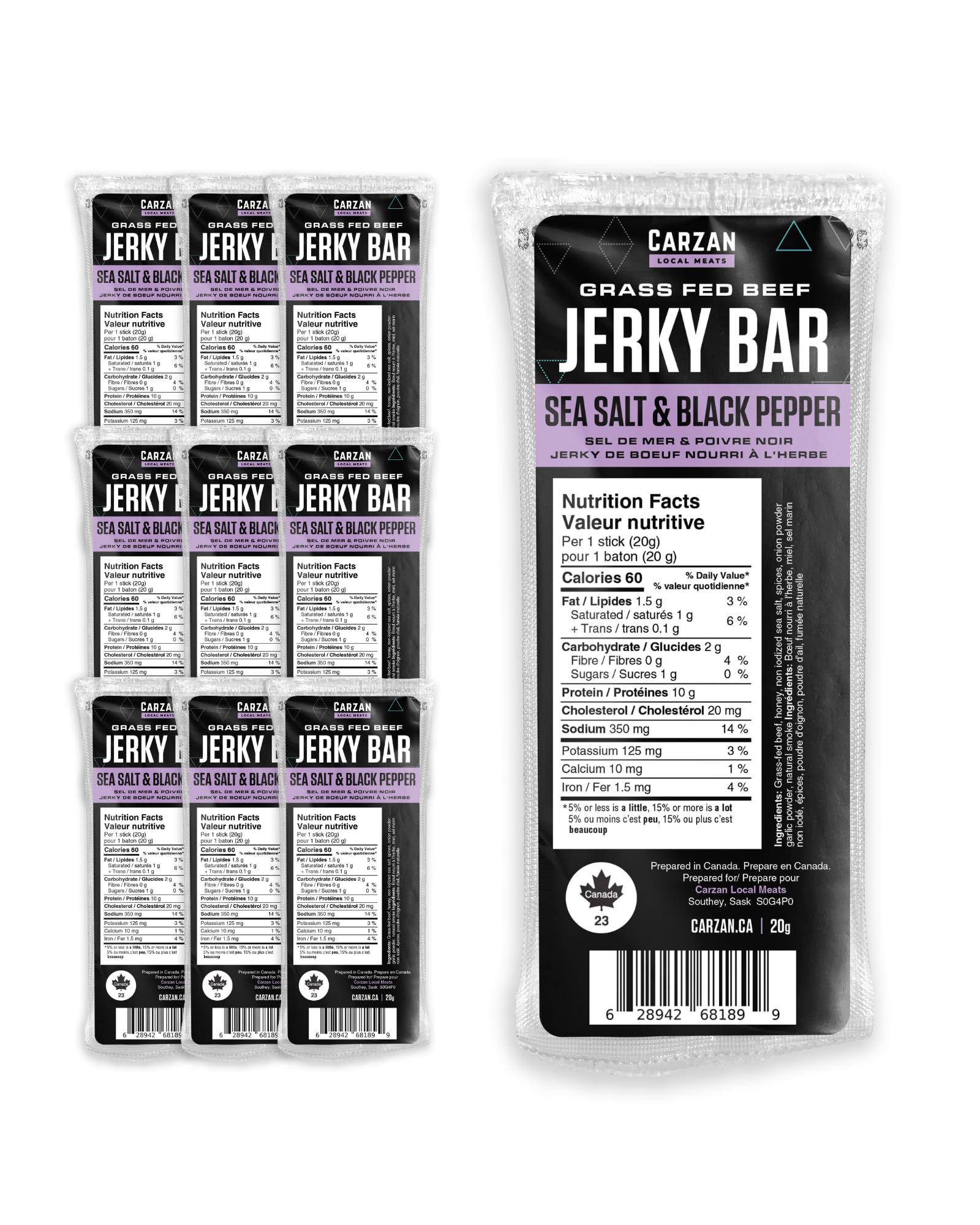 Carzan Grass-Fed Jerky Bar, Sea Salt & Pepper, 10